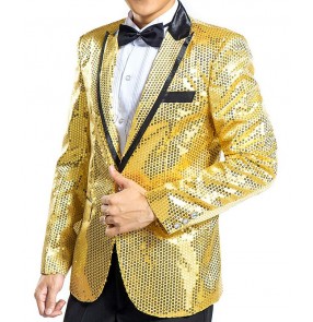 Black silver gold red royal blue red sequins paillette long sleeves lapel collar men's male competition stage performance latin jazz dj singer dance costumes outfits blazer coats tops
